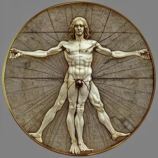 Prompt: Da Vinci's Vitruvian Man as a marble sculpture by Michelangelo, gold medallion, 4k, hyper realistic, detailed, accurate anatomy, four legs, four arms, octane render, well lit studio lighting