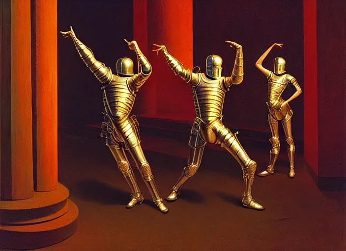 Image similar to knights in armor dance electric boogie popping, rome, highly detailed, soft lighting, elegant, works by edward hopper and james gillard, zdislaw beksinski, stephen outram, andreas m wiese, highly detailed