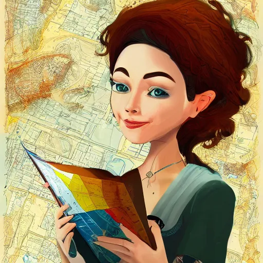 Prompt: a cute lady cartographer looking over a paper map of the human consciousness and the psychedelic experience. digital art painting, featured on artstation