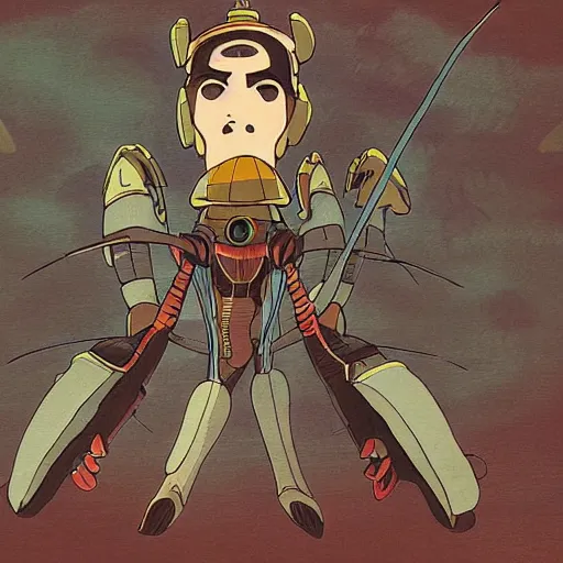Image similar to A cell animation of a robot samurai, Nausicaa of the Valley of the Wind, Miyazaki Hayao, ghibli style, illustration, anime, trending on artstaion