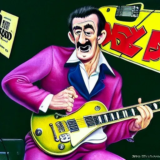 Image similar to beautiful lifelike painting of barry chuckle shredding on a gibson les paul, furious guitar solo, hyperreal detailed facial features and uv lighting, art by ed roth and basil wolverton