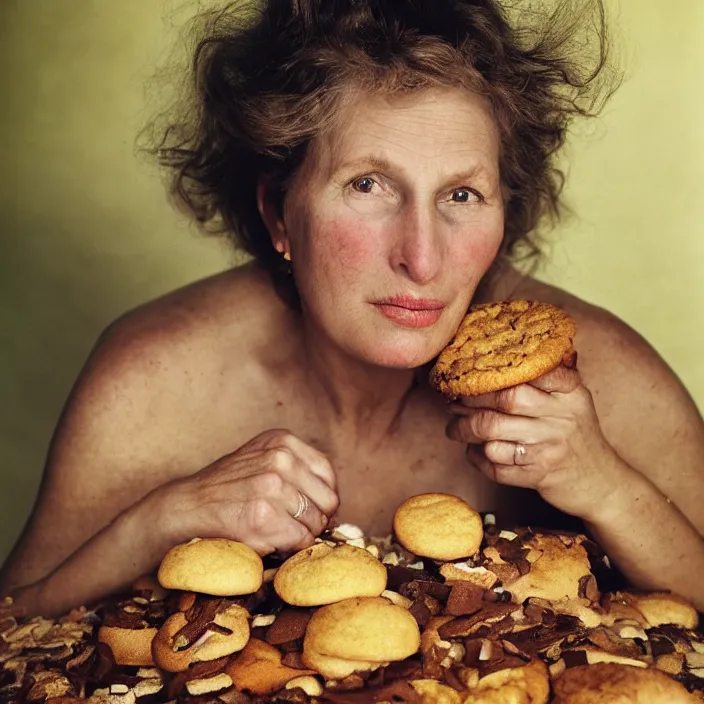 Image similar to closeup portrait of a woman drowning in cakes and cookies, by Annie Leibovitz and Steve McCurry, natural light, detailed face, CANON Eos C300, ƒ1.8, 35mm, 8K, medium-format print