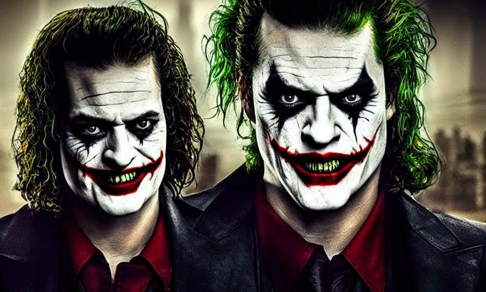 Image similar to Ominous Brendan Fraser smiling at the camera as the new joker. Cinematic shot. Movie trailer. 4k ultra hd. Portrait. Dramatic. Jail background.