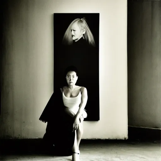 Image similar to filipino woman with short hair wearing a yohji yamamoto dress, portrait, long shot, by david bailey, nan goldin, annie liebovitz