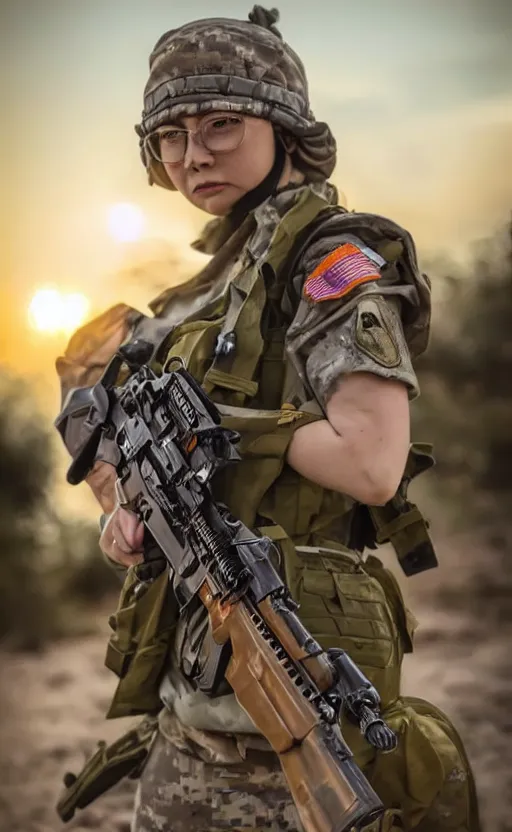 Prompt: female soldier fires back at the enemy while under heavy fire by the locals, highly detailed, high resolution, cosplay photo, stunning, real sunset, girls frontline style, bokeh soft, 100mm, trending on instagram, by professional photographer, realistic human anatomy, realistic military carrier, soldier clothing, modern warfare, realistic guns