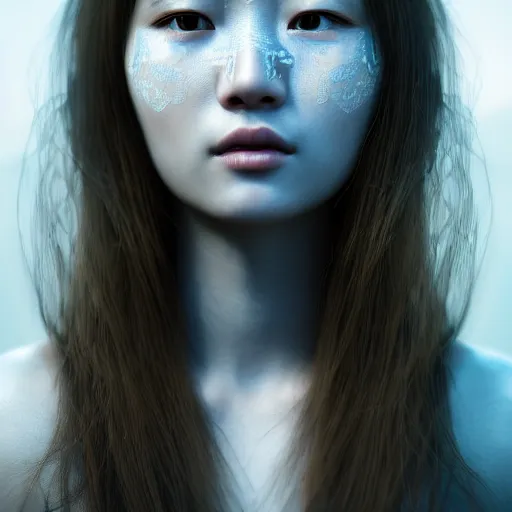 Image similar to intricate highly detailed face portrait of asian - european woman, light blue chrome vines on her face, intricate, cgsociety, unreal engine, octane render, sharp focus, smooth, volumetric lighting, cinematic composition, artstation