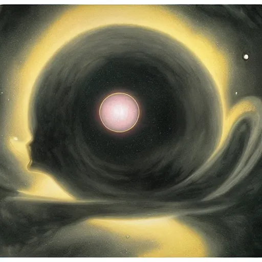 Image similar to A beautiful computer art of a black hole consuming a star. pastel black by Joao Ruas, by Guy Billout threatening