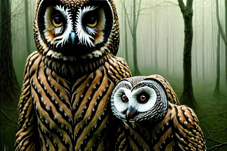 Image similar to photo, owls and coatis scene, woodland location, stefan kostic and david cronenberg, realistic, sharp focus, 8 k high definition, intricate, chiaroscuro, elegant, perfect faces, symmetrical face, extremely detailed, hypnotic eyes, realistic, fantasy art, masterpiece zdzislaw beksinski, artgerm