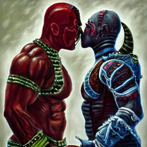 Prompt: kotal khan and quan chi from mortal kombat kissing, love wins, beautiful oil painting