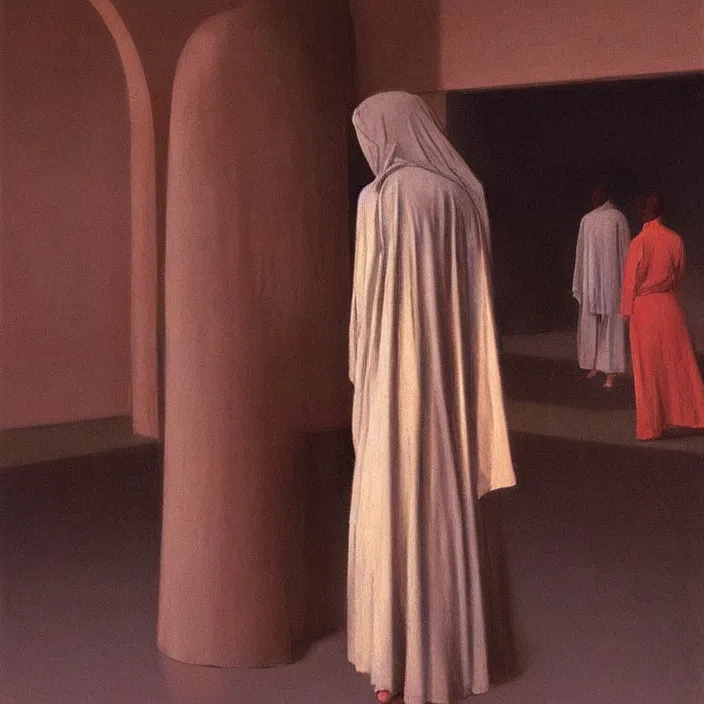 Image similar to woman in translucent robes, short skirt, in magnificent shopping mall, oil painting by edward hopper, zdislav beksinski, wayne barlowe