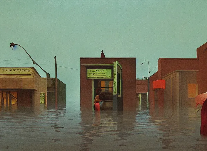 Prompt: woman with mohawk dressed in transparent plastic bags, on flooded street Edward Hopper and James Gilleard, Zdzislaw Beksinski, highly detailed