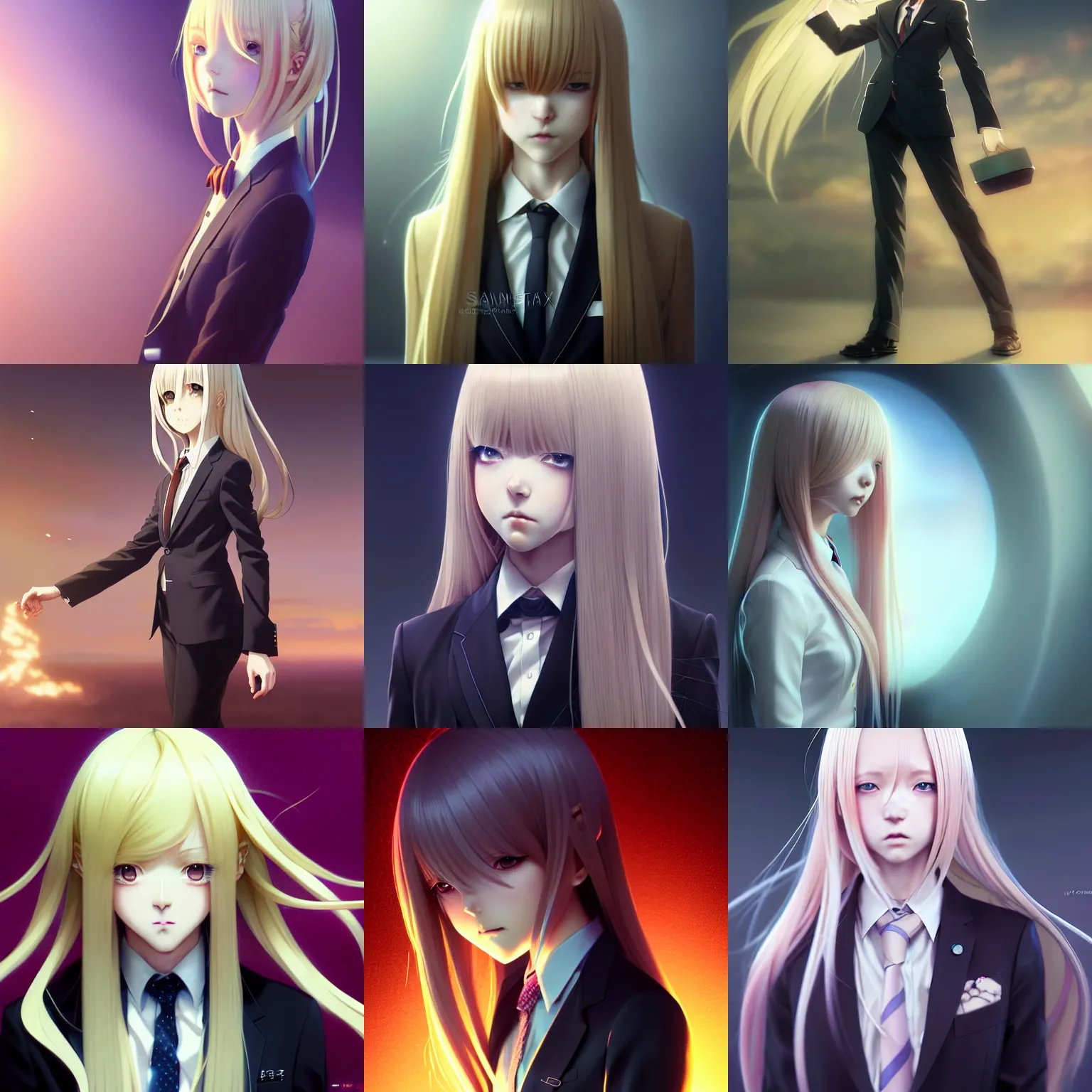 Prompt: anime girl, extremely long blonde hair, hair down to floor, wearing a suit and tie, by tom bagshaw and ilya kuvshinov, rtx rendering, octane render 1 2 8 k, maya, extreme high intricate details by wlop, digital anime art by ross tran, medium shot, composition by sana takeda, dramatic lighting by greg rutkowski