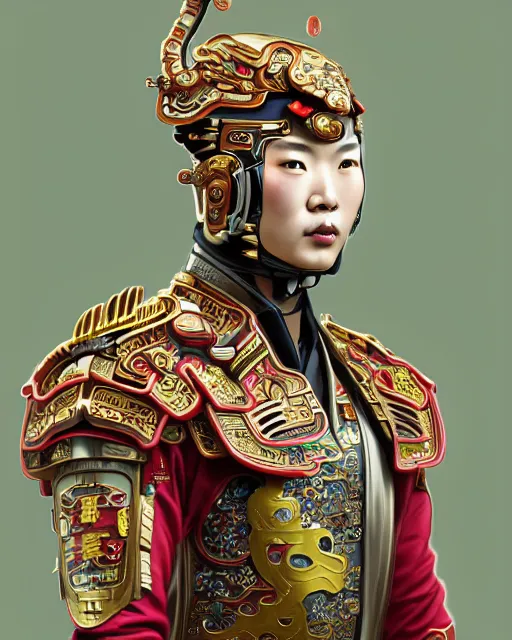 Image similar to portrait of a chinese masculine male cyberpunk machine, machine face, upper half portrait, decorated with chinese opera motifs, muscular, asian, fine china, wuxia, traditional chinese art intricate intense elegant 京 剧 highly detailed symmetry headpiece digital painting artstation concept art smooth sharp focus illustration, art by artgerm and greg rutkowski alphonse mucha 8 k