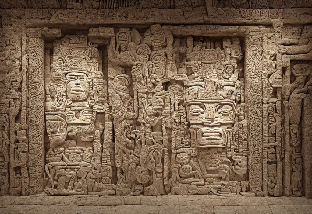 Image similar to a mayan temple interior with symmetric recogniseable giant face portrait of a mayan god-emperor in the center Carved in stone relief style behind an ancient altair of sacrafice. 3d render. Realistic. Well Detailed. Torch light. Omnious, intricate. H.r. giger painting influenced by alien reliefs