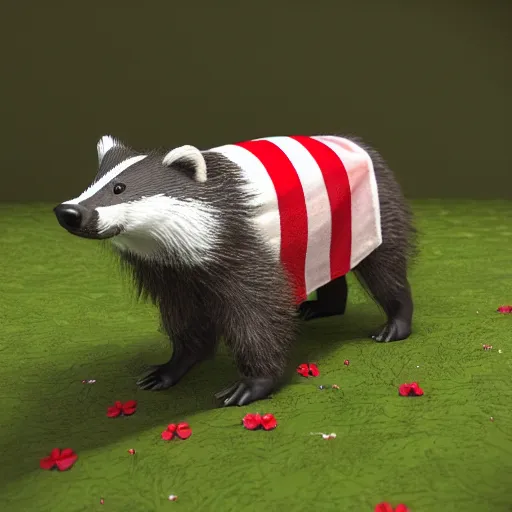 Image similar to a friendly badger walking towards the camera, he‘s wearing a red neckerchief, white background, clean digital render