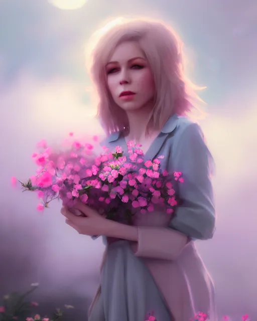 Image similar to candy clark surrounded by mist and pretty flowers, very detailed, realistic face, detailed face, matte, tonemapping, perfection, 4 k, cushart krenz, cinematic, atmospheric