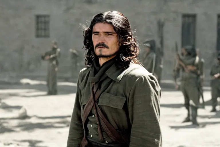 Image similar to Orlando Bloom as Che Guevara in 'Guevara' (2008), movie still frame, promotional image, imax 70 mm footage, oscar nominated cinematography, volumetric lighting, 8k resolution