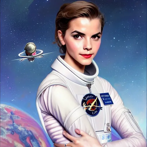 Image similar to A combination of Victoria Justice's and Grace Kelly's and Emma Watson's appearances as an astronaut, full body portrait, western, D&D, fantasy, intricate, elegant, highly detailed, digital painting, artstation, concept art, matte, sharp focus, illustration, art by Artgerm and Greg Rutkowski and Alphonse Mucha