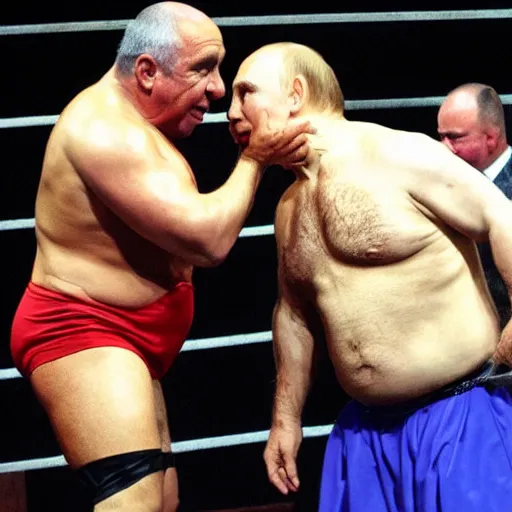 Image similar to Oiled up Danny Devito wrestling Putin