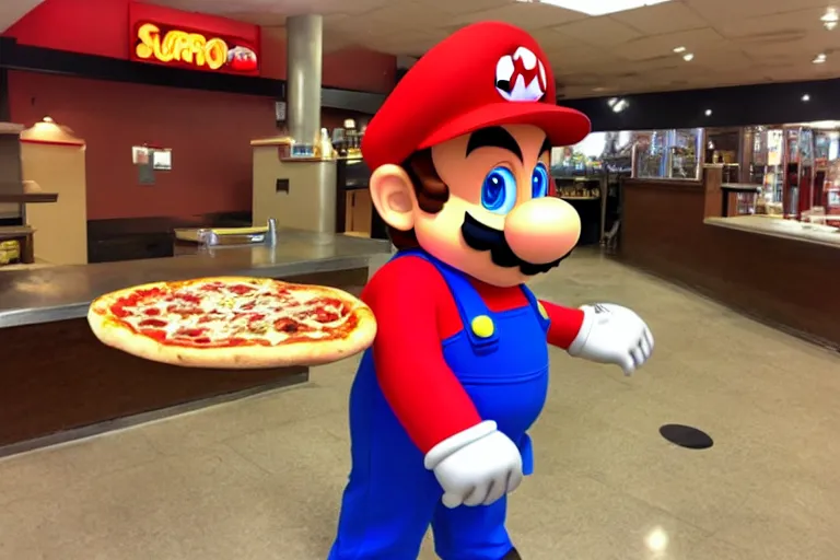 Prompt: super mario working at pizza hut