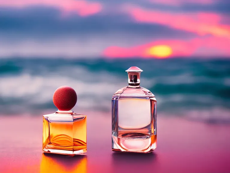 Image similar to cinestill 5 0 d surreal photography of perfume bottle emerging from swirling ocean waves and marmelade sunset sky / 4 style of nicholas fols, 2 0 0 mm, mute dramatic colours, soft blur outdoor stormy sea background, volumetric lighting, hyperdetailed, hyperrealistic