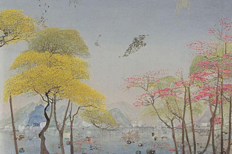 Image similar to an ultradetailed landscape painting of scenic westlake in china hangzhou, light yellow may flowers blossoms nearby, pagodas faraway, autumn wind, chinese water color, smooth, by hilma af klint