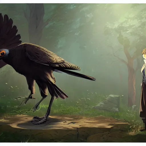 Prompt: concept art painting of a person with a head of a crow, with steampunk clothes, in the deep forest, realistic, detailed, cel shaded, in the style of makoto shinkai and greg rutkowski and james gurney