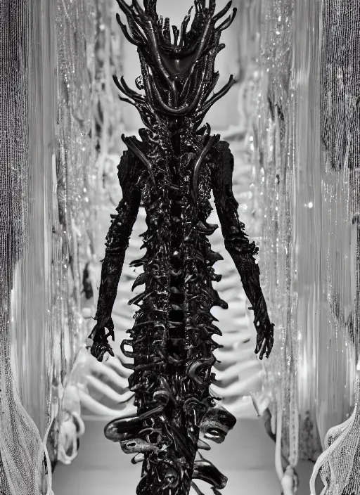 Image similar to walking down the catwalk, ben watts, show, stage, vogue photo, podium, fashion show photo, historical baroque dress dark, iris van herpen, beautiful woman, masterpiece, intricate, biopunk, vogue, full body shot, alien, plant predator, guyver, jellyfish, white biomechanical details, highly detailed