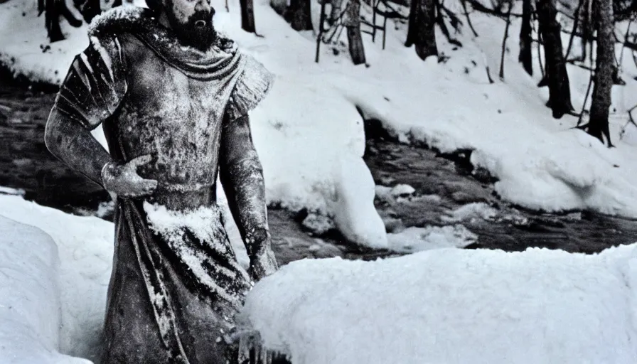 Image similar to 1 9 6 0 s movie still close up of marcus aurelius wearing chestplate and dape frozen to death under the snow by the side of a river with gravel, pine forests, cinestill 8 0 0 t 3 5 mm b & w, high quality, heavy grain, high detail, texture, dramatic light, anamorphic, hyperrealistic, detailed hair, foggy