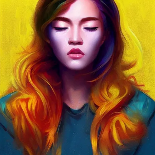 Prompt: electric woman with eyes closed, cute - fine - face, pretty face, oil slick hair, realistic shaded perfect face, extremely fine details, realistic shaded lighting, dynamic background, artgerm, 8 k ultra realistic, highly detailed, art by sylvain sarrailh, alena aenami, jeremy lipkin, michael garmash, ando tadao, kan liu