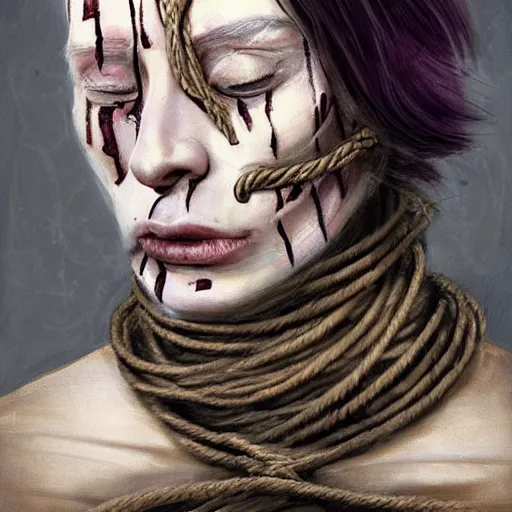 Prompt: portrait of a Shibari rope wrapped face and neck, headshot, insanely nice professional hair style, dramatic hair color, face paint half and half, digital painting, of a old 15th century, old cyborg merchant, amber jewels, baroque, ornate clothing, scifi, realistic, hyperdetailed, chiaroscuro, concept art, art by Franz Hals and Jon Foster and Ayami Kojima and Amano and Karol Bak,