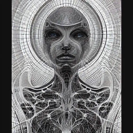 Image similar to holographic interface painted in alex grey and cameron gray style drawn by takato yamamoto, inspired by ooioo, intricate 3 d sculpture, black and white, 3 d, high detail, sharp high detail, artstation, octane