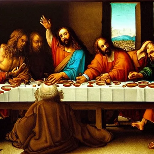 Image similar to Jesus eating KFC at the last supper, Leonardo da Vinci
