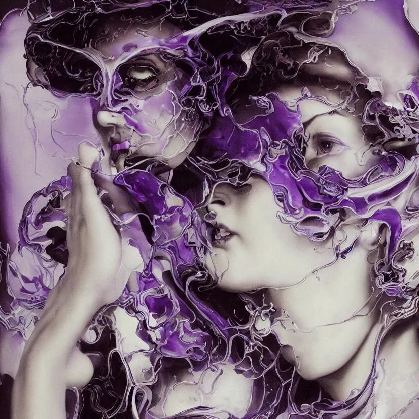 Image similar to a dark baroque close - up portrait of a purple and white porcelain being made out of white liquid sci - fi vitrified translucent ceramic marble ; china. reflective detailed textures. gloomy black background. highly detailed fantasy science fiction painting by moebius, norman rockwell, frank frazetta, and syd mead. rich colors, high contrast. artstation