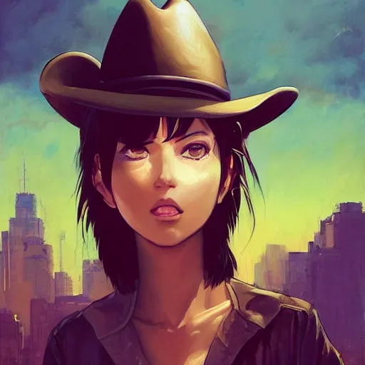 Image similar to A cowboy cat with big and cute eyes, fine-face, realistic shaded perfect face, fine details. realistic shaded lighting poster by Ilya Kuvshinov katsuhiro otomo ghost-in-the-shell, magali villeneuve, artgerm, Jeremy Lipkin and Michael Garmash, Rob Rey and Kentarõ Miura style, trending on art station