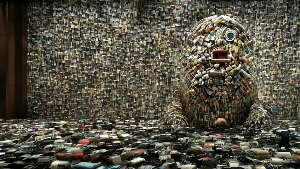 Image similar to the strange creature in a bank, made of magazines and water, film still from the movie directed by Denis Villeneuve with art direction by Salvador Dalí, wide lens
