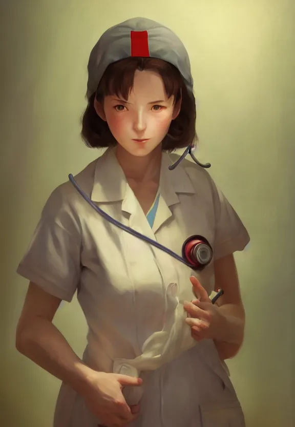 Prompt: a portrait of a tired female nurse in world war 2, 1 9 4 0 setting, vivid colors, soft lighting, atmospheric, cinematic, moody, in the style of ilya kuvshinov, range murata, krenz cushart and alyssa monk, hyperrealism, rule of thirds, oil on canvas, 8 k