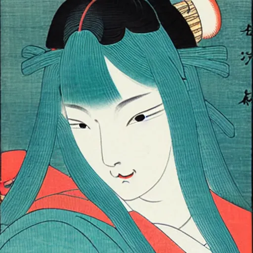 Image similar to beautiful portrait ukiyo - e painting of hatsune miku, by kano hideyori, kano tan'yu, kaigetsudo ando, miyagawa choshun, okumura masanobu, kitagawa utamaro