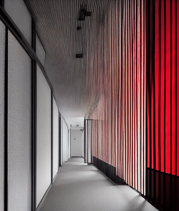 Prompt: spooky photo of a dark hallway of a japanese modern house with open lit doorways, dramatic lighting, smoke, ceiling fluorescent lighting, black and red colour palette