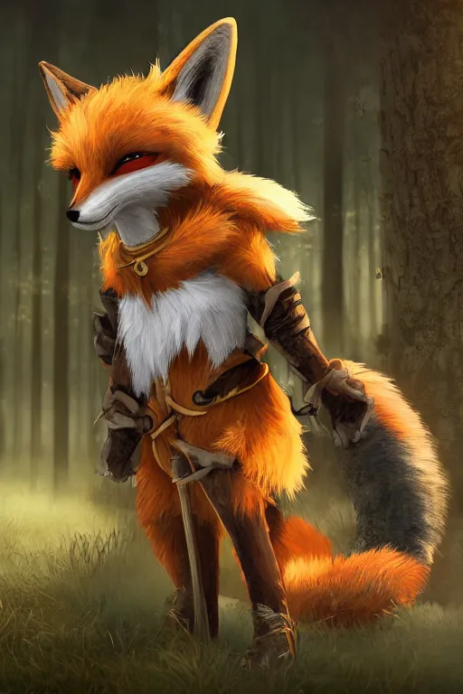 Image similar to a medieval fox furry fursona with a fluffy tail in a forest, backlighting, cgi, rendered in unreal engine, trending on artstation, cartoon