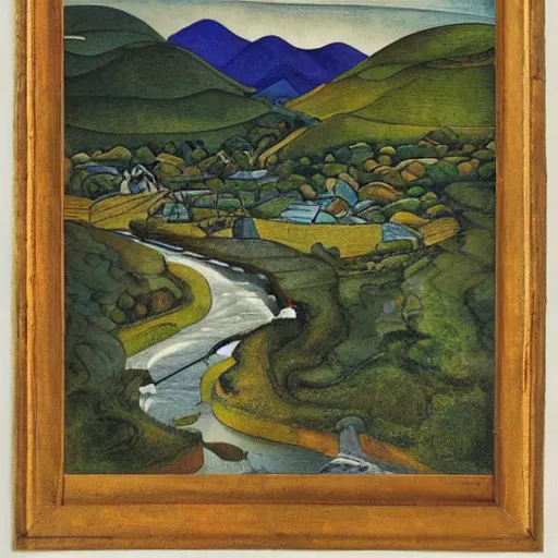 Image similar to The print is of a small village with a river running through it. In the distance, there are mountains. The sky is clear and the sun is shining. dada by Mab Graves, by Rafael Zabaleta funereal, turbulent