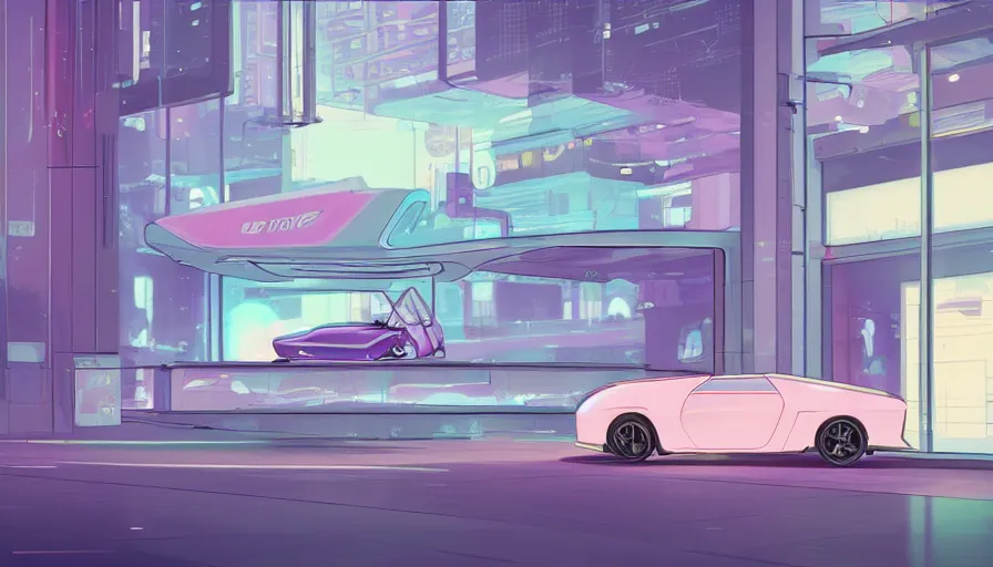 Image similar to pastel color pallete futuristic kiosk floating car with jet engine next to it Future drive through window Highly Illustrated artstation by space goose Cyberpunk buildings in background