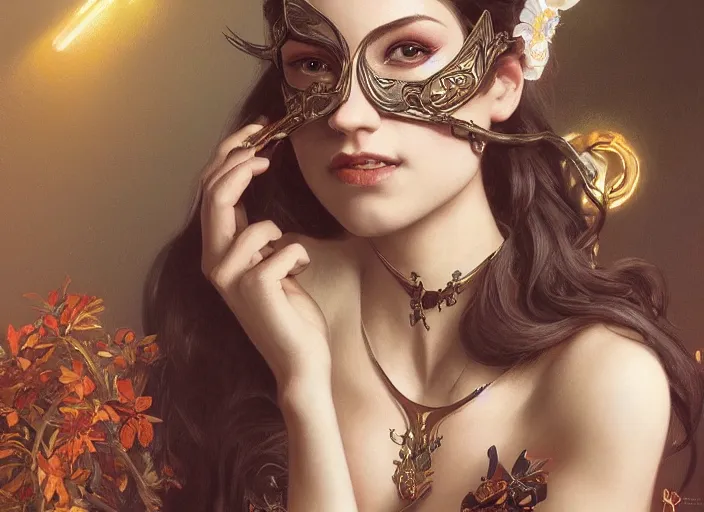 Image similar to masked, perfectly-centered-Portrait of the most beautiful woman on the planet , intricate, highly detailed, artstation, concept art, concept render, octane, redshift, smooth, sharp focus, illustration,award-winning, Unreal Engine 5, 8K, art by artgerm and greg rutkowski and alphonse mucha