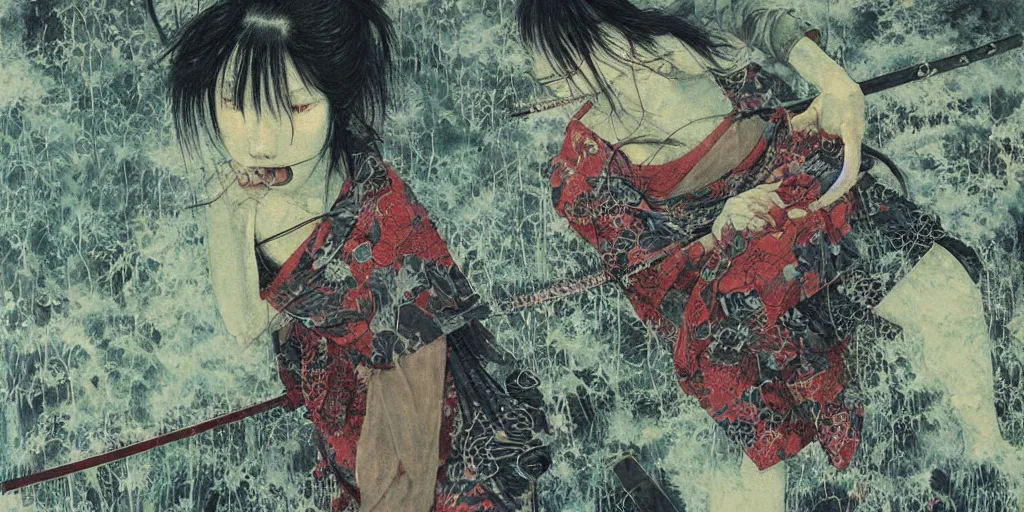 Image similar to Japanese schoolgirl runs away from Samurai with a katana on the subway, high detailed Beksinski painting, part by Adrian Ghenie and Gerhard Richter. art by Takato Yamamoto. deep colours