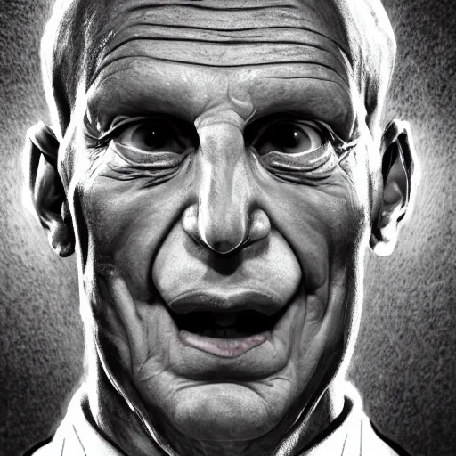 Image similar to avram glazer as the devil reincarnate, owner of manchester united football club, portrait, pure evil, devils horns, avram glazer, satan, hell, 8 k, hyperrealism, symmetry, cinematic lighting - h 9 6 0