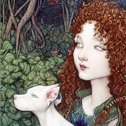 Prompt: elf girl with curly blonde hair pets a white pitbull, highly detailed, painting by rebecca guay