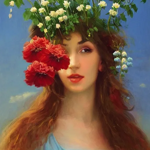 Image similar to a portrait of a romantic woman with flowers grow out of hair, roses peonies forget-me-nots dahlias lupins gladioli, sky theme in background, by Alexandr Averin, Digital Art, Trending on artstation