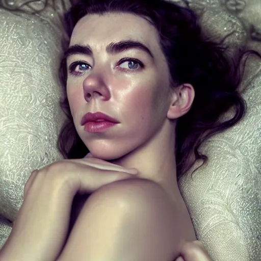 Prompt: stunning photo of vanessa kirby laying back on a pillow, dark - haired goddess with tears running down her face, a beautiful closeup, wet lips, perfect eyes, insanely detailed, elegant, by mucha, wlop, rutkowski, livia prima
