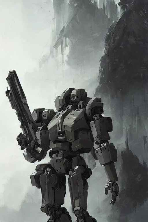 Image similar to full body shot of a mech soldier holstering its rifle, Art Station, Trending on Artstation, cgsociety, Pinterest, concept art, cinematic, 8k, hyper detailed, ultra realistic, epic, high resolution, digital art, ultra high quality, sci fi, robot, sharp, 4k UHD, realistic, intricate, accurate proportions, art by Yi Yang artstation + StTheo + Alan Van Ryzin,