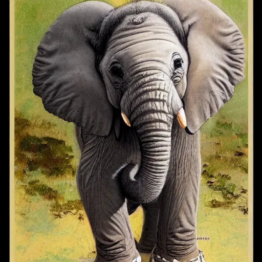 Prompt: cute little baby elephant portrait by Norman Rockwell with long fur, looking at the camera, ultra realistic picture, looking at the camera, highly detailed, 8k, masterpiece, trending on cgsociety